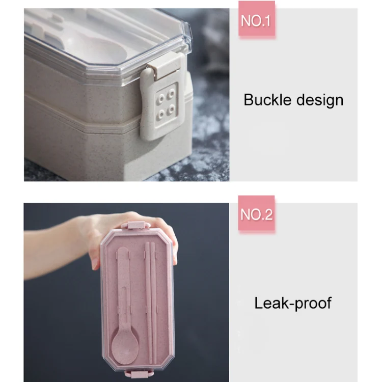 Double-layer Lunch Box Plastic Microwaveable Student Lunch Box Cutlery set(Pink) - Image 3