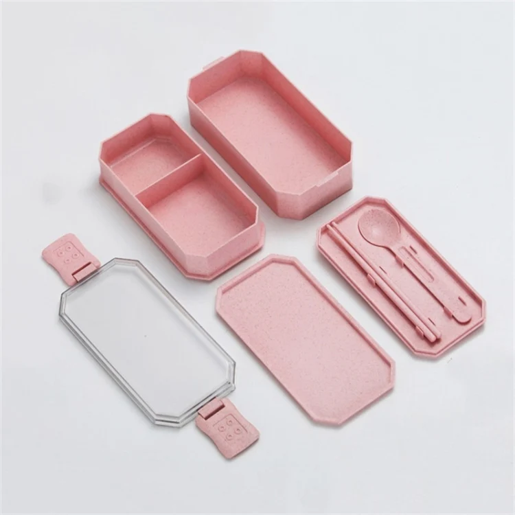 Double-layer Lunch Box Plastic Microwaveable Student Lunch Box Cutlery set(Pink) - Image 4