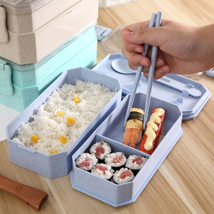 Double-layer Lunch Box Plastic Microwaveable Student Lunch Box Cutlery set(Pink) - Image 5