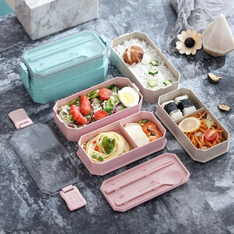 Double-layer Lunch Box Plastic Microwaveable Student Lunch Box Cutlery set(Pink) - Image 6