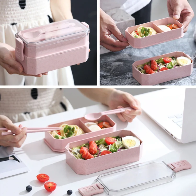 Double-layer Lunch Box Plastic Microwaveable Student Lunch Box Cutlery set(Pink) - Image 7