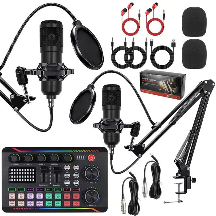 Dual BM800 Condenser Microphone With F998max Live Sound Card Kit Podcast Equipment Bundle Adjustable Scissor Arm Stand(Black)
