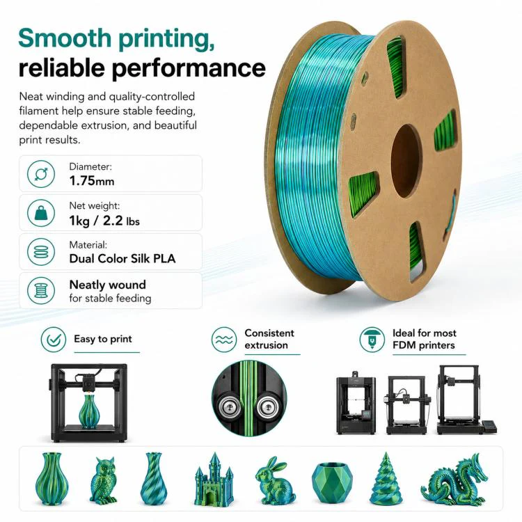 Dual Color Silk PLA Filament 1.75mm 1kg Spool Magic Color Shifting Shiny Metallic 3D Printing Material(Black+Yellow) - Image 4