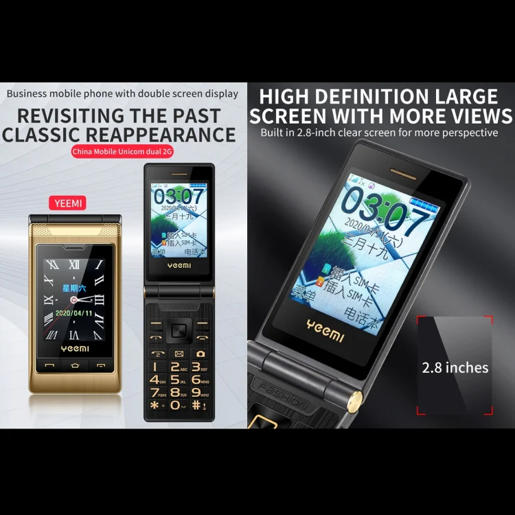 Dual-screen Flip Phone, 2.8 inch  + 2.4 inch, 5900mAh Battery, Support FM, SOS, GSM, Family Number, Big Keys, Dual SIM (Gold) - Image 2