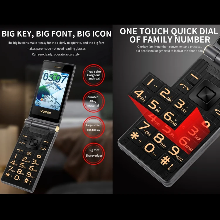 Dual-screen Flip Phone, 2.8 inch  + 2.4 inch, 5900mAh Battery, Support FM, SOS, GSM, Family Number, Big Keys, Dual SIM (Gold) - Image 3