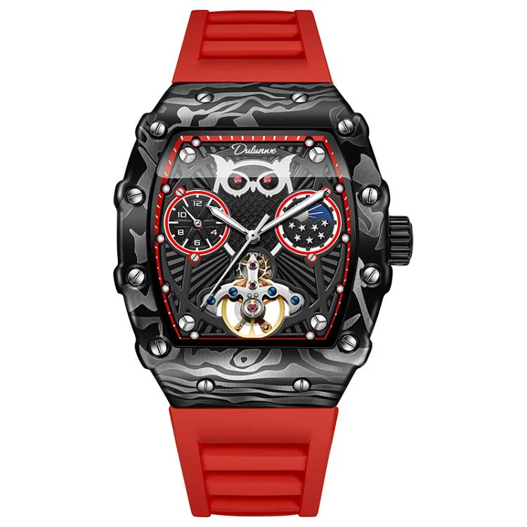 Dulunwe 6039C 30m Waterproof Barrel-shaped Hollow Luminous Automatic Mechanical Watch(Red Strap)