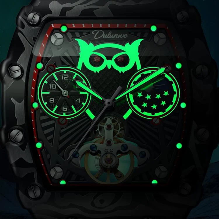 Dulunwe 6039C 30m Waterproof Barrel-shaped Hollow Luminous Automatic Mechanical Watch(Red Strap) - Image 4