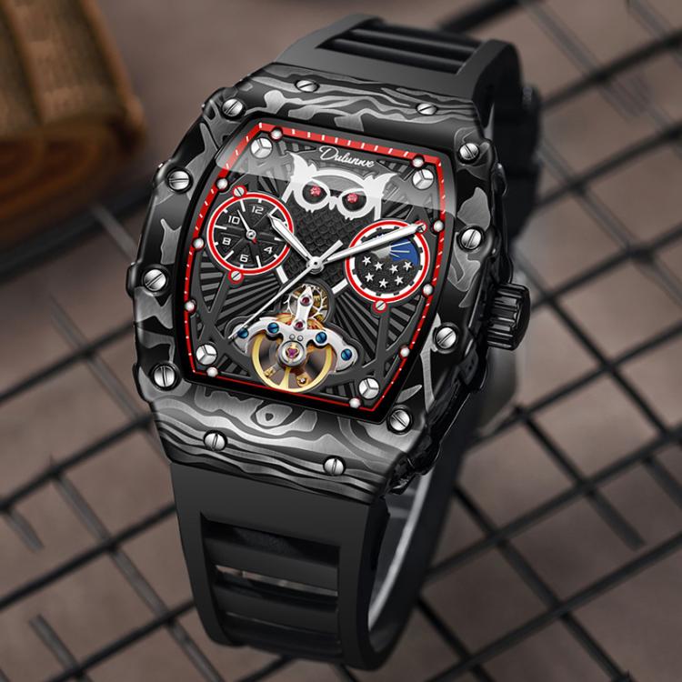 Dulunwe 6039C 30m Waterproof Barrel-shaped Hollow Luminous Automatic Mechanical Watch(Red Strap) - Image 6