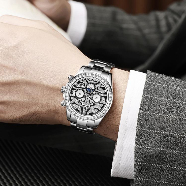Dulunwe 6055A 30m Waterproof Tiger-pattern Dial Automatic Mechanical Watch(Silver Silicone Strap) - Image 8