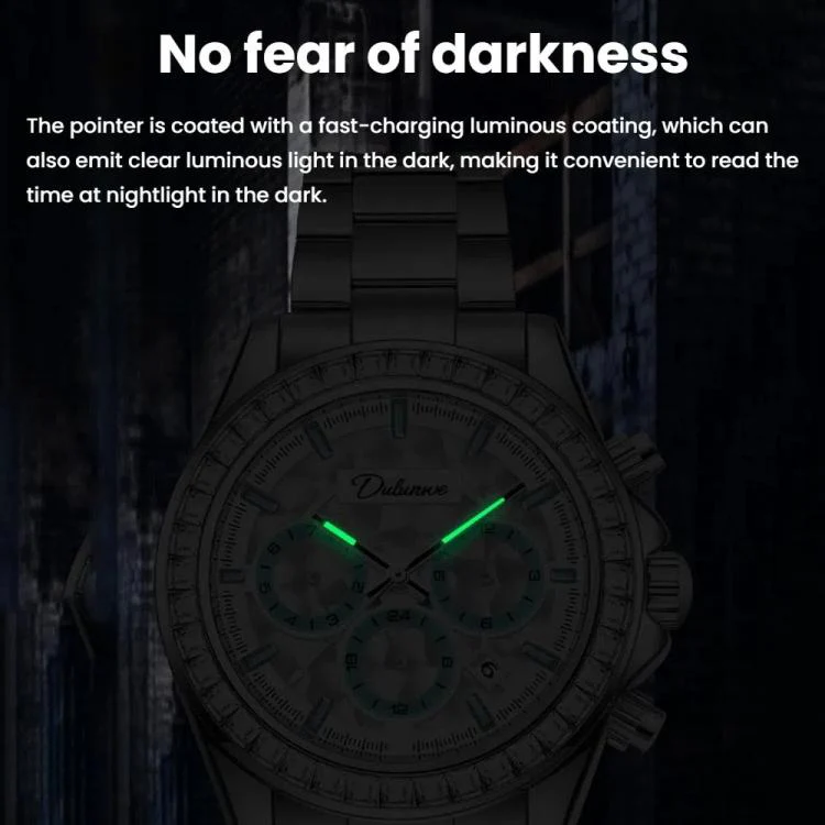 Dulunwe 6055B 30m Waterproof Luminous Automatic Mechanical Watch(Natural Steel Belt Black) - Image 4