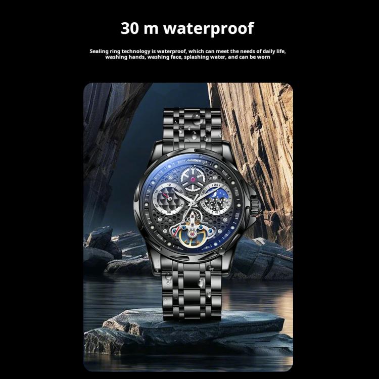Dulunwe 6060C 30m Waterproof Luminous Automatic Mechanical Watch(Black Steel Strap Black) - Image 4