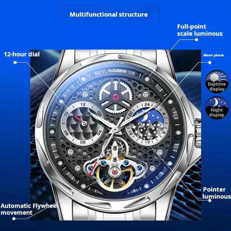 Dulunwe 6060C 30m Waterproof Luminous Automatic Mechanical Watch(White Steel Black) - Image 3