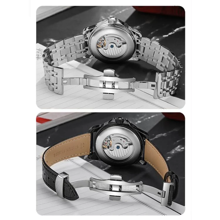 Dulunwe 6060C 30m Waterproof Luminous Automatic Mechanical Watch(White Steel Leather Strap Black) - Image 7