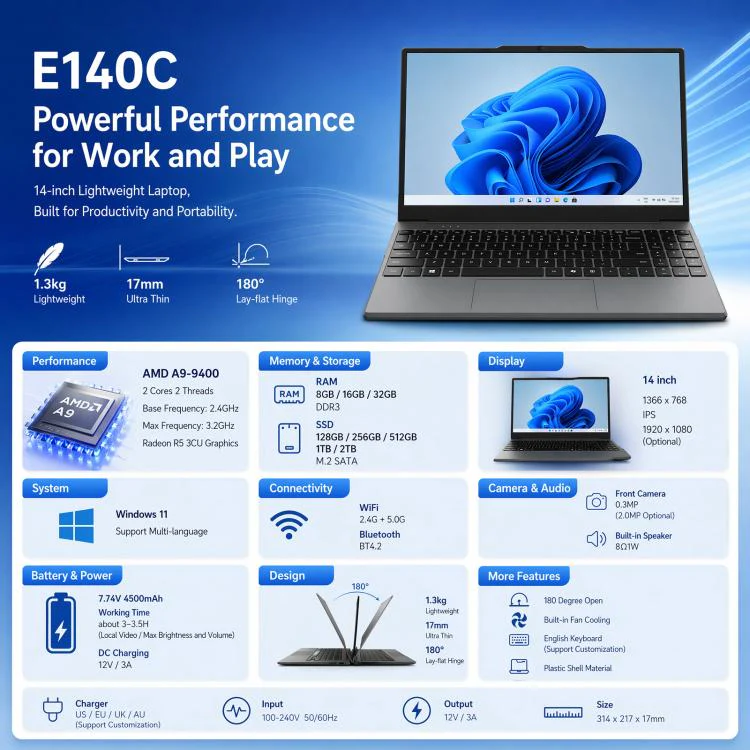 E140C 14 inch Lightweight Laptop, 8GB+256GB, Windows 11 AMD A9-9400 Dual Core, US Plug - Image 2