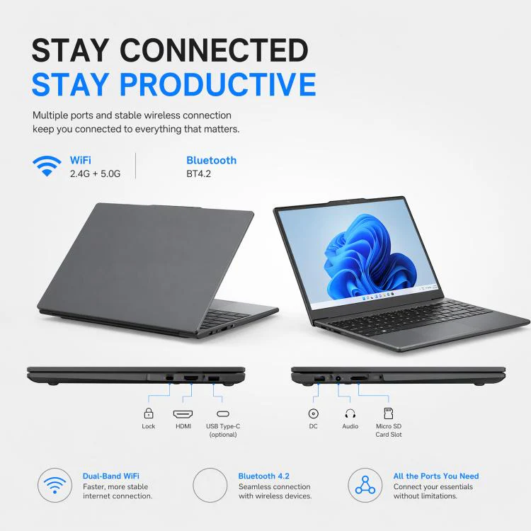 E140C 14 inch Lightweight Laptop, 8GB+256GB, Windows 11 Intel Celeron N5095 Quad Core, US Plug - Image 5