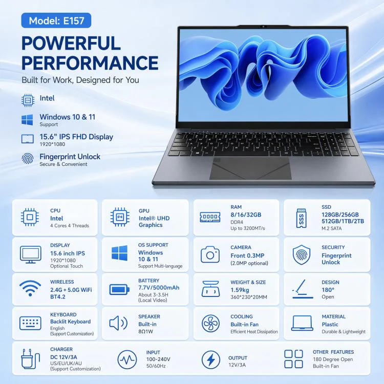 E157 15.6 inch Lightweight Laptop, 8GB+256GB, Windows 11 Intel Twin Lake N150 Quad Core, US Plug - Image 2