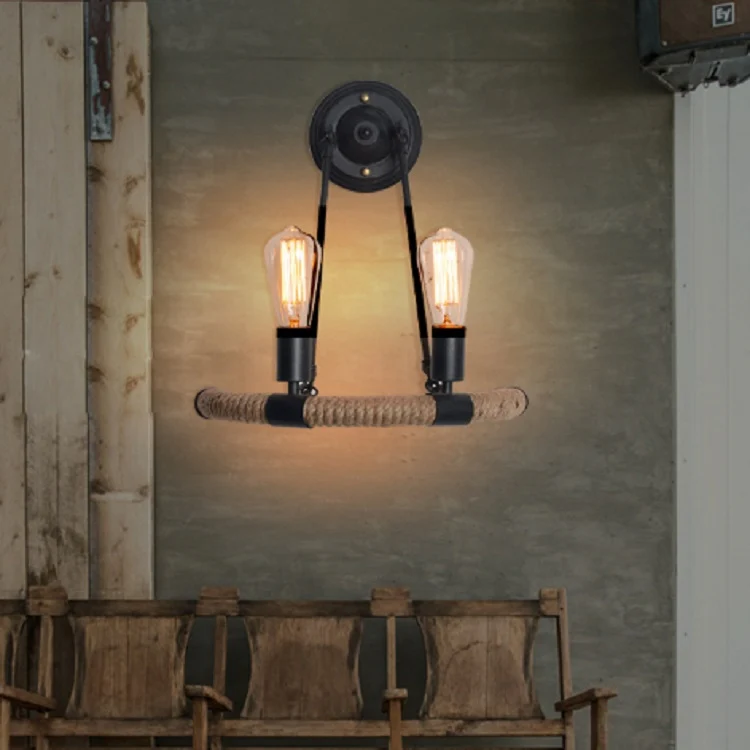E27 LED Industrial Style Retro Hemp Rope Wrought Iron Wall Lamp, Power source: Edison LED4W( Black) - Image 2