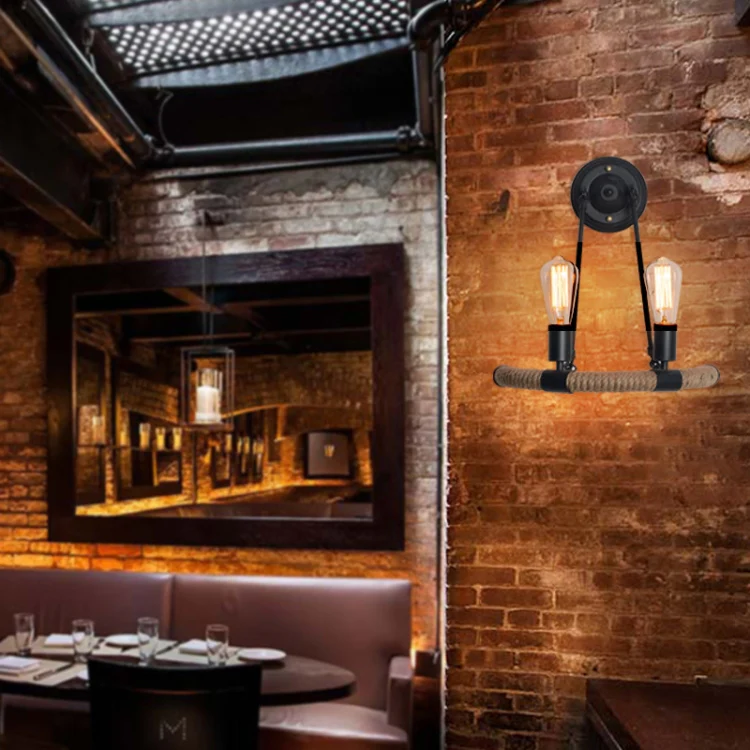 E27 LED Industrial Style Retro Hemp Rope Wrought Iron Wall Lamp, Power source: Edison Tungsten Wire 40W( Black) - Image 3