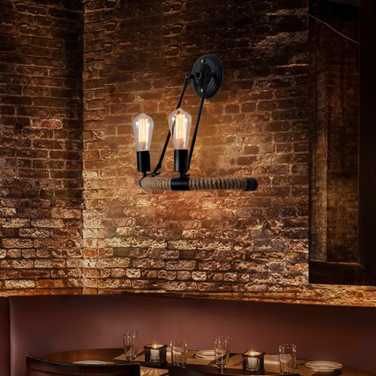 E27 LED Industrial Style Retro Hemp Rope Wrought Iron Wall Lamp, Power source: Edison Tungsten Wire 40W( Black) - Image 4
