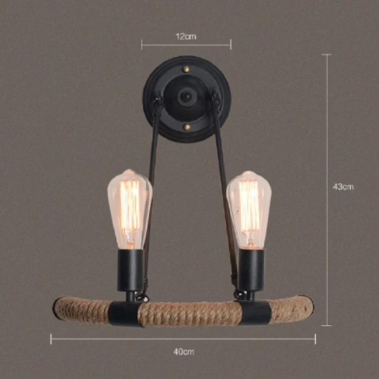E27 LED Industrial Style Retro Hemp Rope Wrought Iron Wall Lamp, Power source: Edison Tungsten Wire 40W( Black) - Image 8