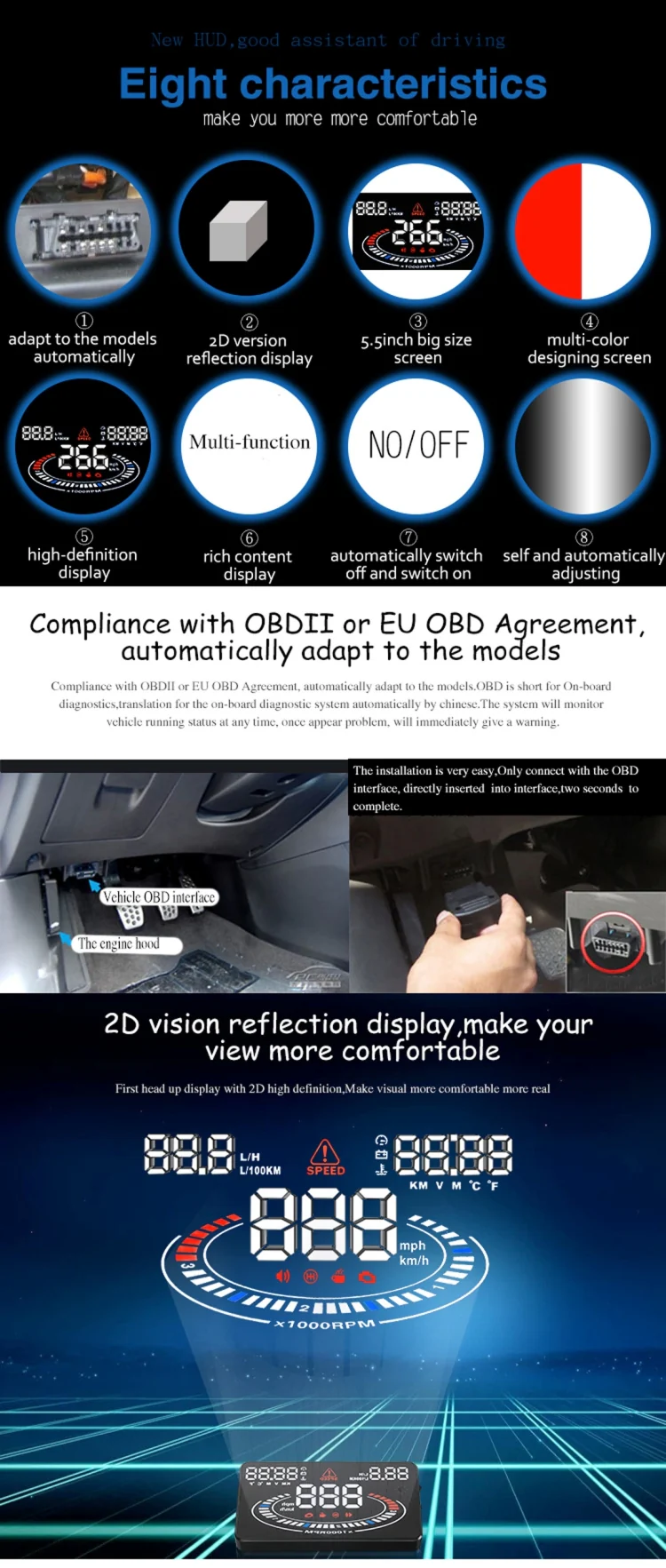 E300 5.5 inch Car OBDII / EUOBD HUD Vehicle-mounted Head Up Display Security System, Support Speed & Fuel Consumption, Overspeed Alarm, Fuel Consumption, Water Temperature, etc.(Black) - Image 9