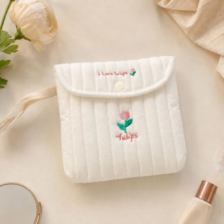 Embroidered Cartoon Cute Sanitary Napkin Mini Storage Bag, Color: Tulip