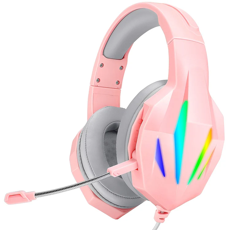 ERXUNG J5 Head-Mounted Gaming Headset Wire-Controlled Desktop Computer Gaming With Microphone Luminous Headset(Pink)