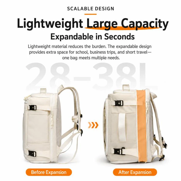 Expandable Travel Backpack Flight Approved 28-38L Carry On Backpack with Shoe Compartment 15.6-inch Laptop Pocket(Grey) - Image 5
