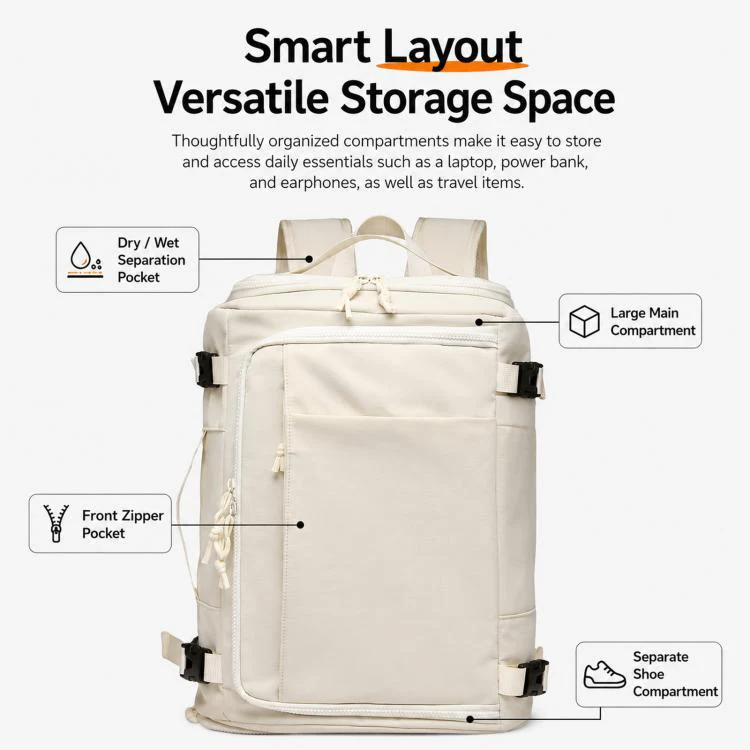 Expandable Travel Backpack Flight Approved 28-38L Carry On Backpack with Shoe Compartment 15.6-inch Laptop Pocket(White) - Image 6