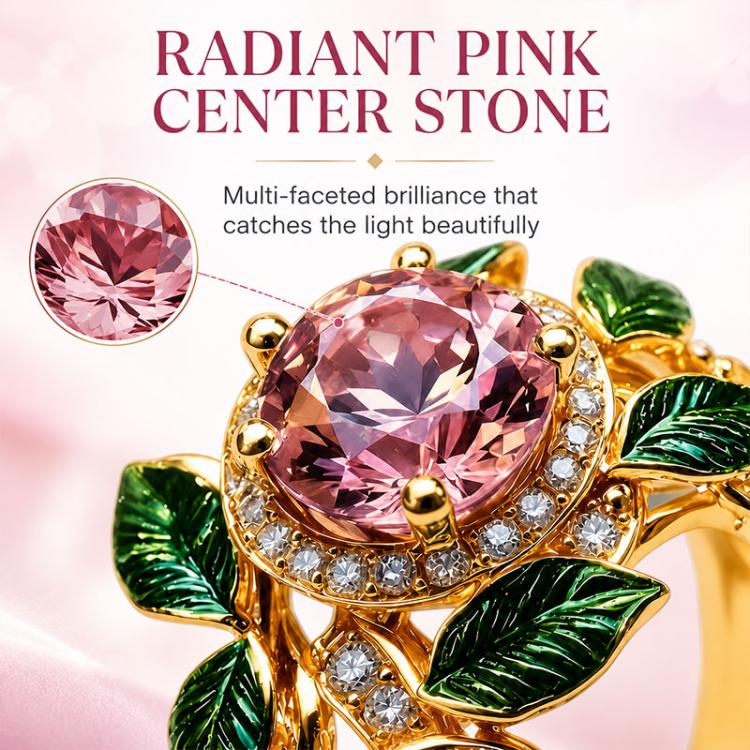 Exquisite Oil Drop Craft Flower Pink Gemstone Ring, Size:Number 8(Gold) - Image 3