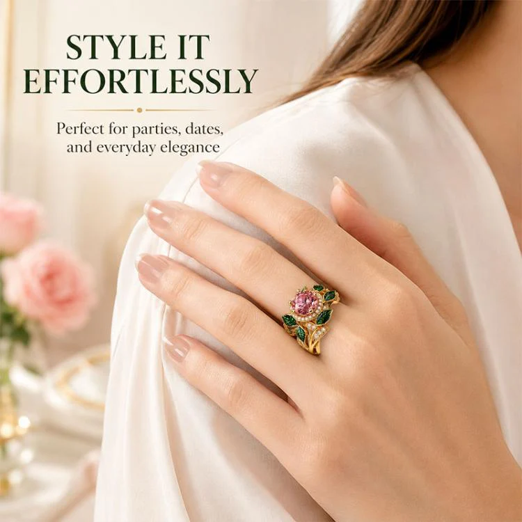 Exquisite Oil Drop Craft Flower Pink Gemstone Ring, Size:Number 8(Gold) - Image 7