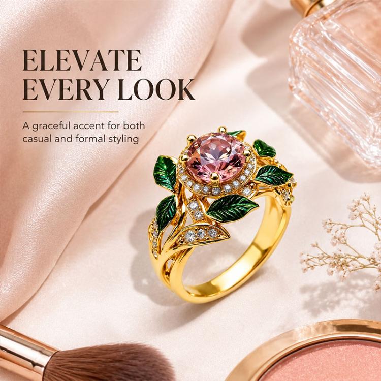 Exquisite Oil Drop Craft Flower Pink Gemstone Ring, Size:Number 8(Gold) - Image 9