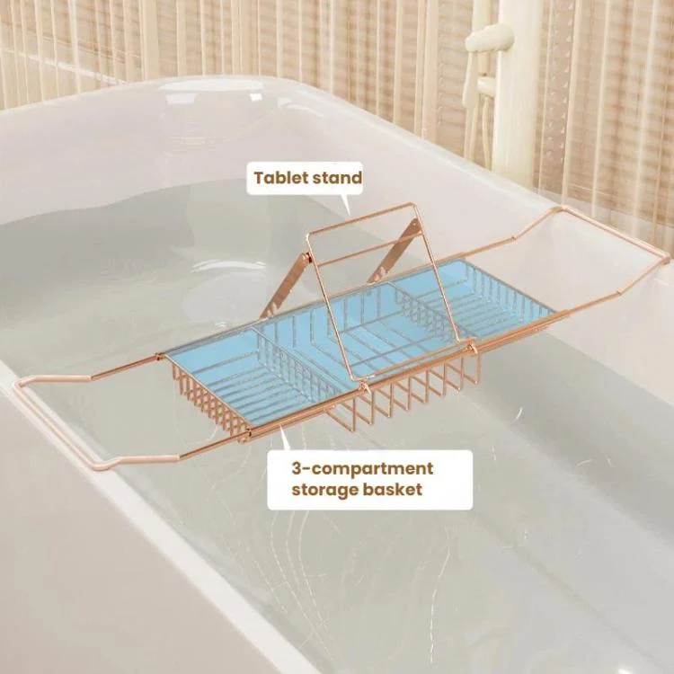 Extendable Bathtub Caddy Stainless Steel Bathtub Shelf Organizer Tablet Holder Standard Gold - Image 3