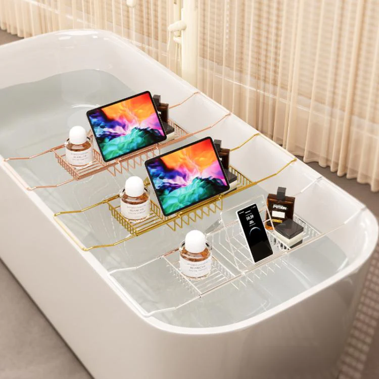 Extendable Bathtub Caddy Stainless Steel Bathtub Shelf Organizer Tablet Holder With Stand Gold - Image 2