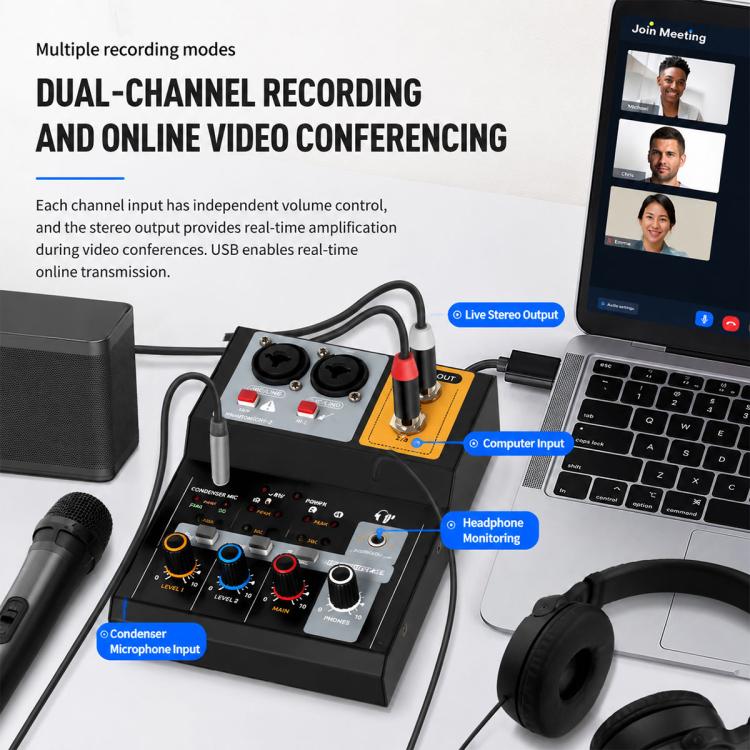 F-2A Multi-function Professional 2-way Recording Mixer USB Live Streaming Sound Card(Black) - Image 10
