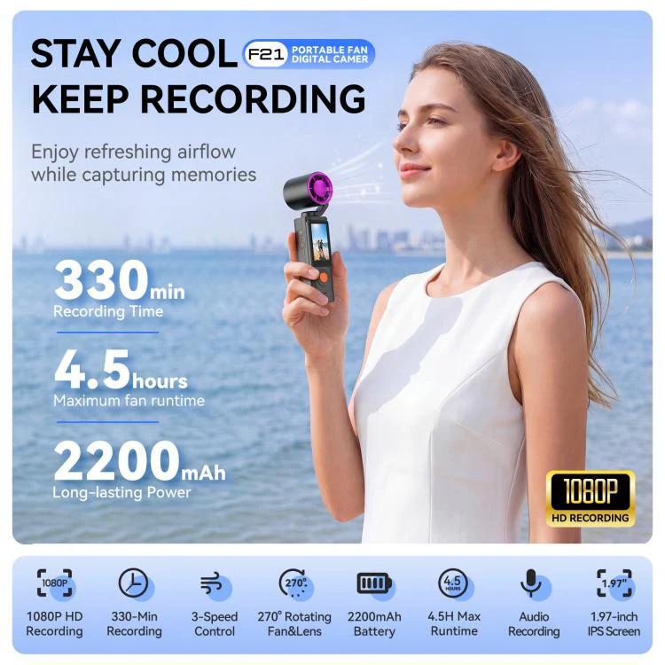 F21 1.97 inch IPS Screen 1080P HD Handheld Vlog Video Camera with Fan(Pink) - Image 2