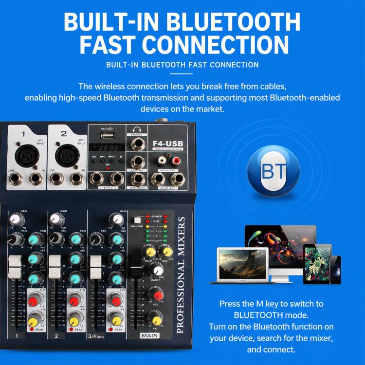 F4 4-Channel Multi-function Professional Bluetooth Live Streaming Mixer, Plug Type:UK Plug(Black) - Image 10
