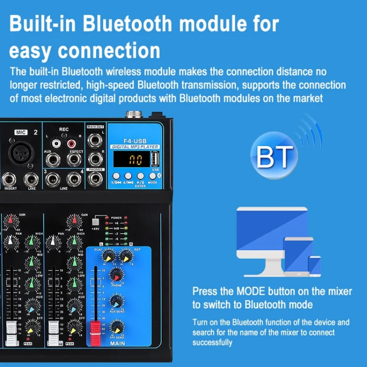 F4 Home 4-channel Bluetooth USB Reverb Mixer, EU Plug (Black) - Image 3