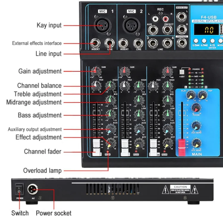 F4 Home 4-channel Bluetooth USB Reverb Mixer, US Plug (Black) - Image 6