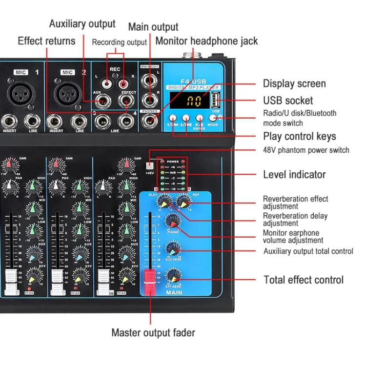 F4 Home 4-channel Bluetooth USB Reverb Mixer, US Plug (Black) - Image 7