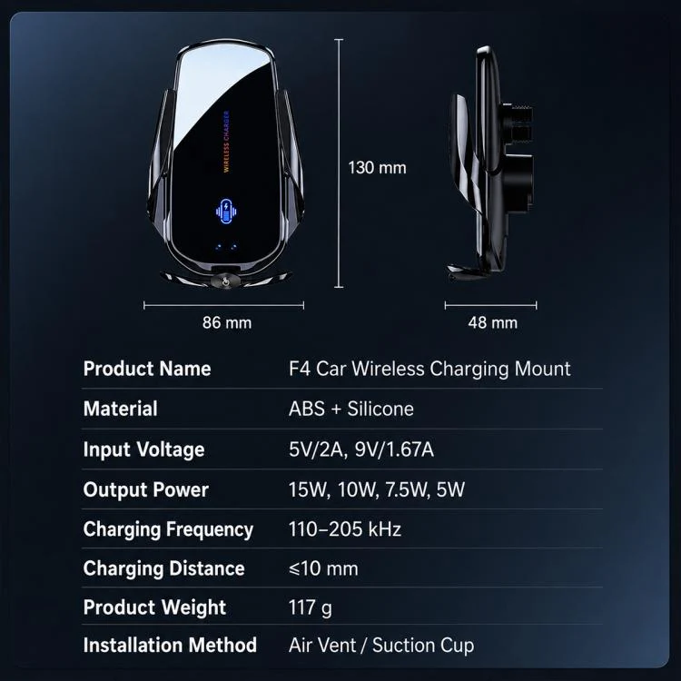 F4 Smart Infrared Sensing Car Magnetic Wireless Charging Phone Holder, Color:Gunmetal(Wireless Charger + Magnetic connector) - Image 17
