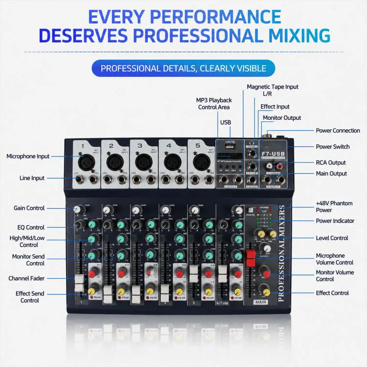 F7 7-Channel Multi-function Professional Bluetooth Live Streaming Mixer, Plug Type:UK Plug(Black) - Image 3