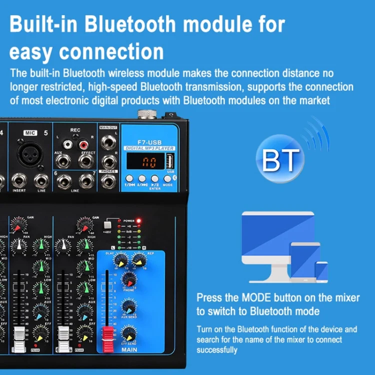 F7 Home 7-channel Bluetooth USB Reverb Mixer, EU Plug(Black) - Image 3
