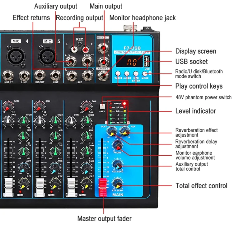 F7 Home 7-channel Bluetooth USB Reverb Mixer, US Plug(Black) - Image 7