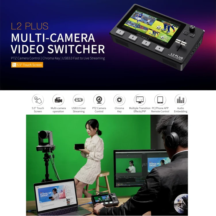 FEELWORLD L2 Plus Multi-camera Video Mixer Switcher with 5.5 inch Screen(UK Plug) - Image 6