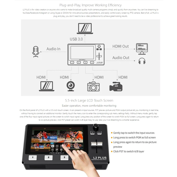 FEELWORLD L2 Plus Multi-camera Video Mixer Switcher with 5.5 inch Screen(UK Plug) - Image 7