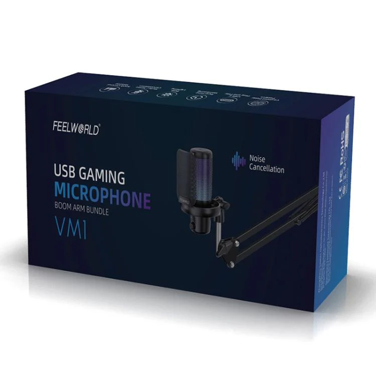 FEELWORLD VM1 USB Condenser Gaming Microphone for Streaming Noise Cancellation Mute RGB Light Boom Arm Stand (Black) - Image 12