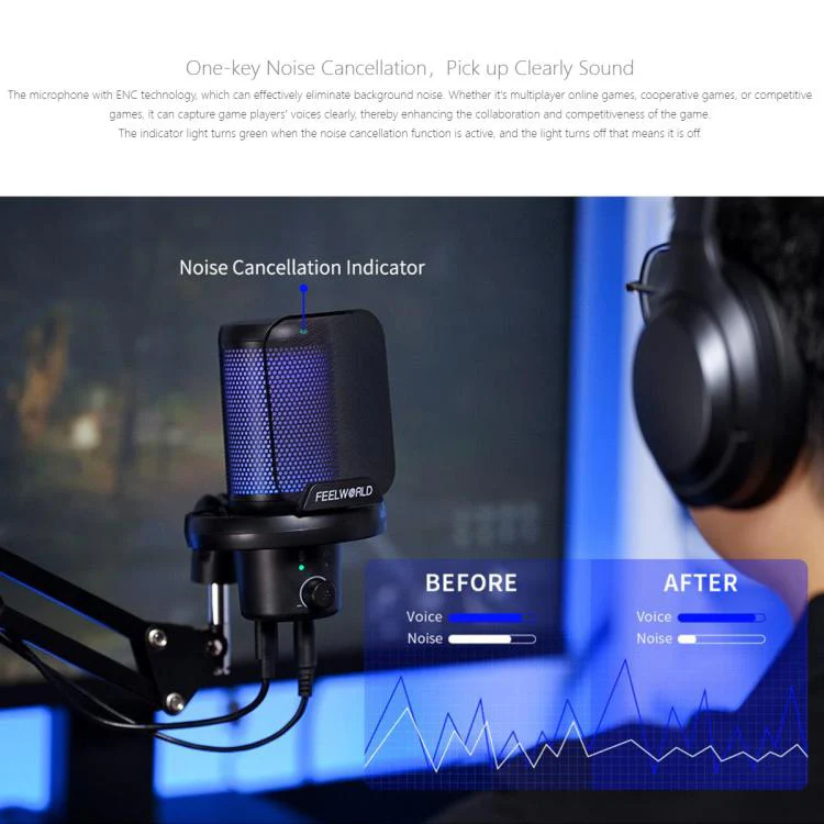 FEELWORLD VM1 USB Condenser Gaming Microphone for Streaming Noise Cancellation Mute RGB Light Boom Arm Stand (Black) - Image 5