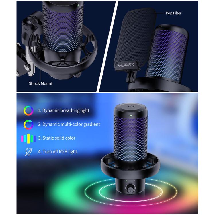 FEELWORLD VM1 USB Condenser Gaming Microphone for Streaming Noise Cancellation Mute RGB Light Boom Arm Stand (Black) - Image 7