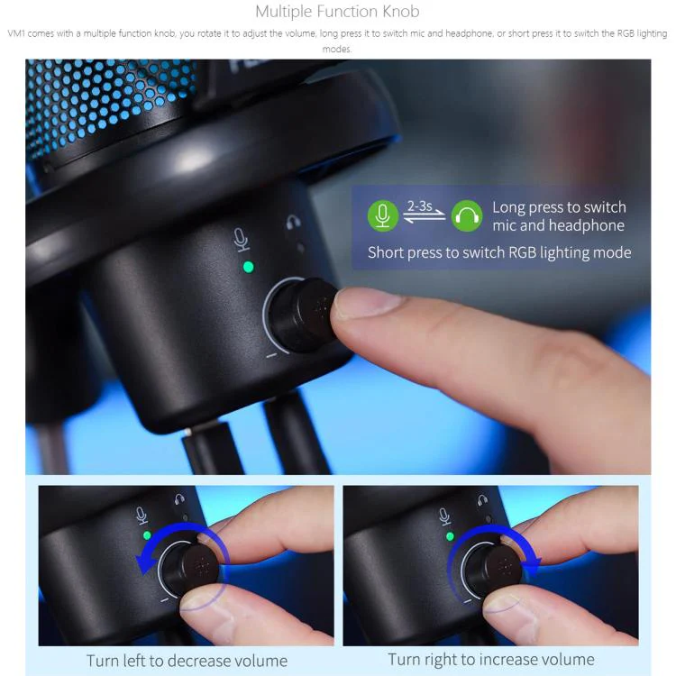 FEELWORLD VM1 USB Condenser Gaming Microphone for Streaming Noise Cancellation Mute RGB Light Boom Arm Stand (Black) - Image 8